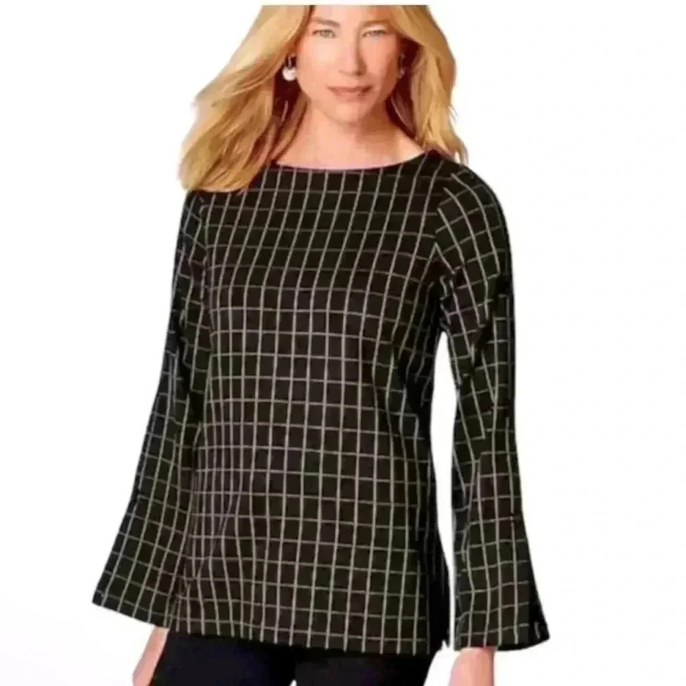 NWT J. Jill Ponte Knit Button Sleeve Top Blouse Black Camel Size Medium